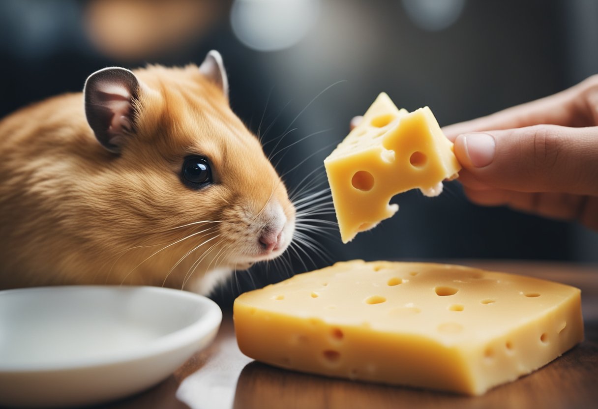 A hamster cautiously sniffs a piece of cheese, while a concerned owner looks on