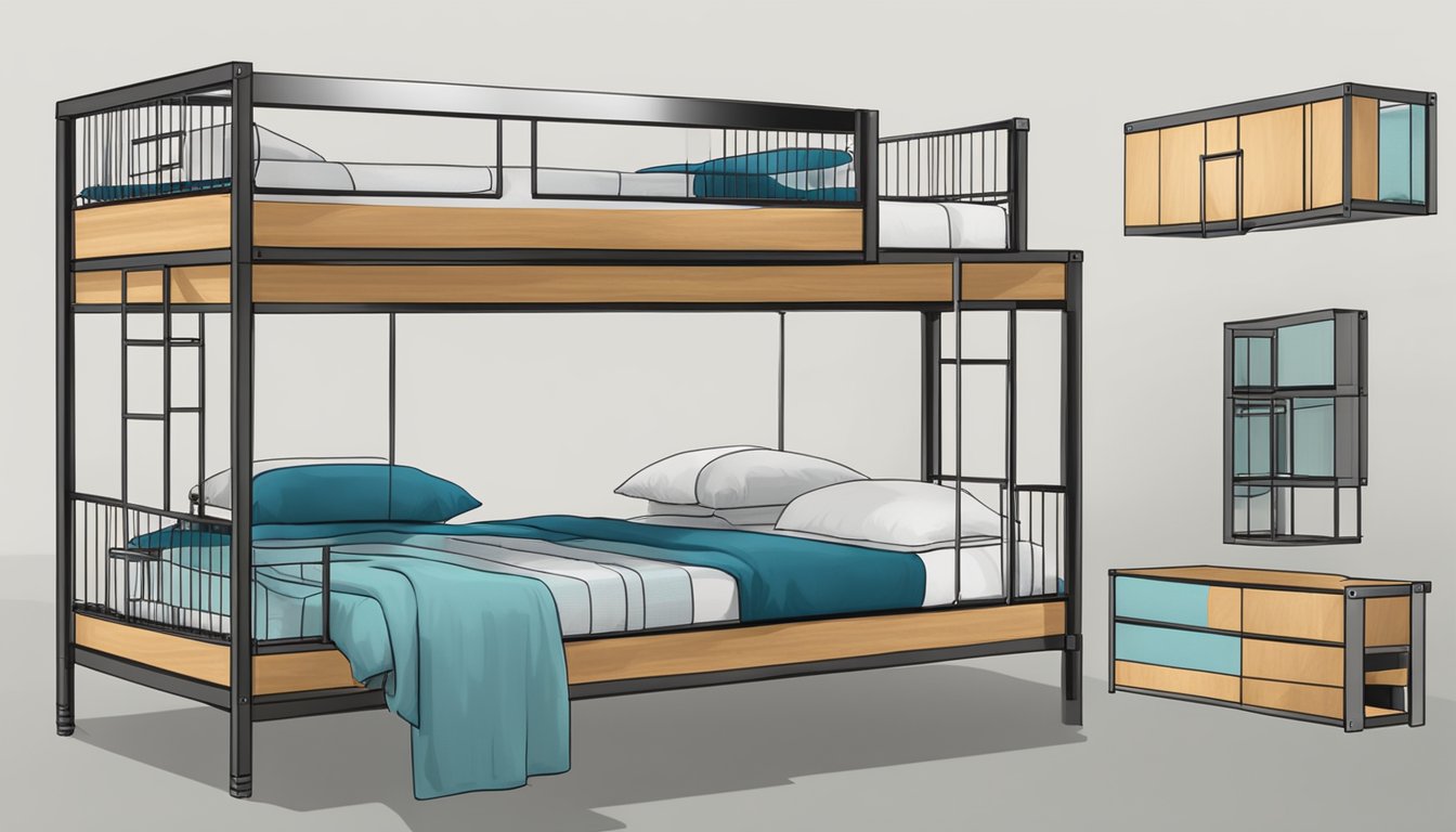 Three-tiered bunk bed with metal frame. Top bunk has ladder access. Bedding and pillows are neatly arranged