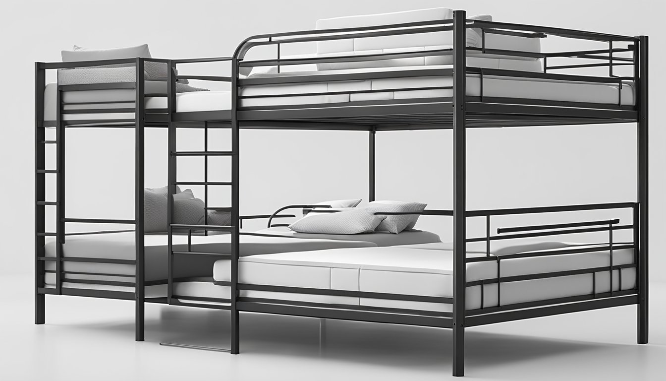 A triple bunk bed with sleek, modern design and efficient functionality, featuring sturdy metal frames and integrated storage solutions