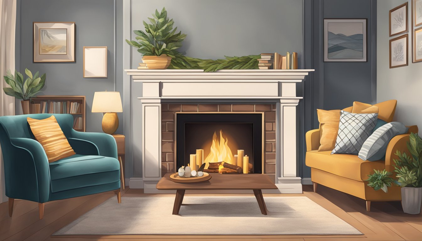 A cozy love seat sits in front of a crackling fireplace, adorned with soft pillows and a warm throw blanket