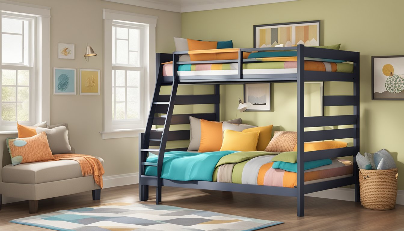 Three-tiered bunk bed with safety rails, ladder, and storage compartments. Brightly colored bedding and pillows. Room with neutral walls and natural lighting