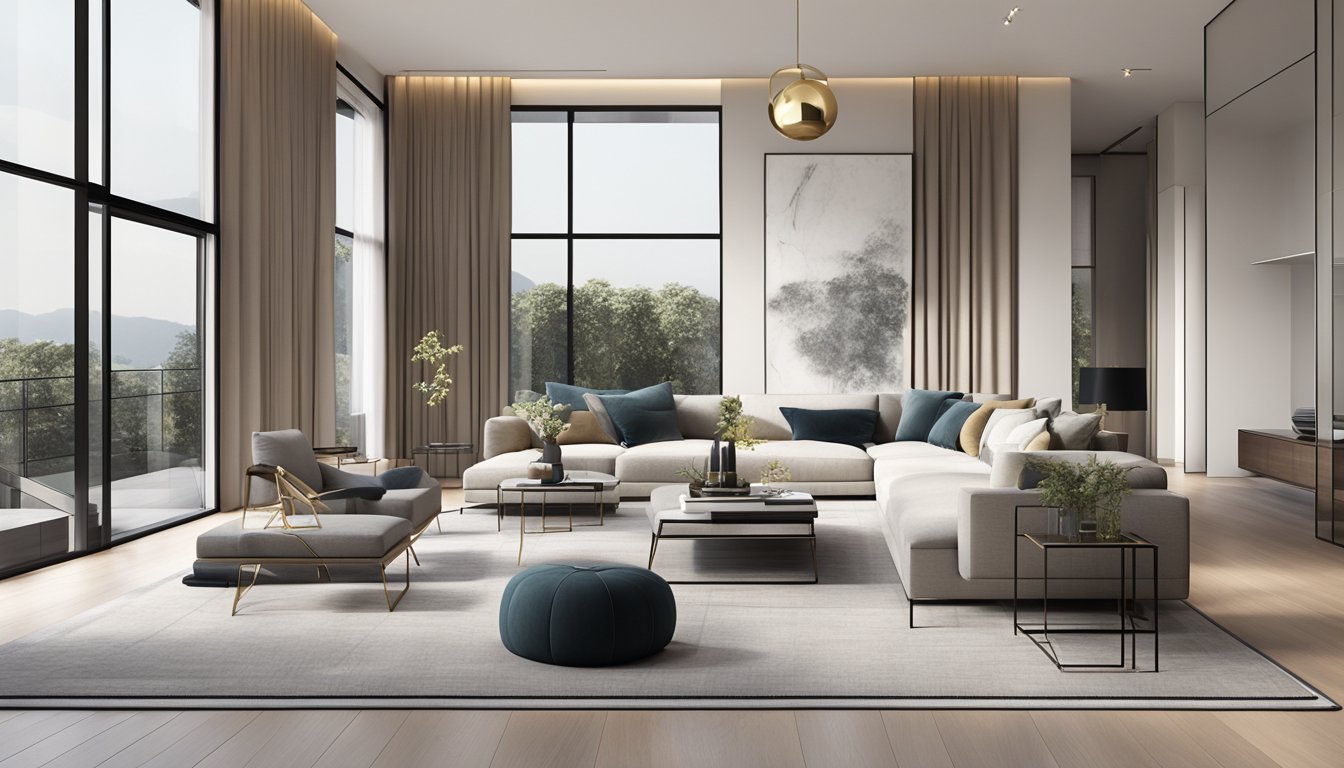 A sleek, minimalist living room with high ceilings, floor-to-ceiling windows, and contemporary furniture in neutral tones. The space is accented with metallic finishes and statement lighting, exuding a sense of modern luxury