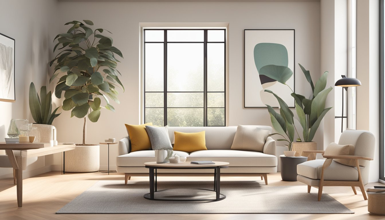 A modern love seat with clean lines and plush cushions sits in a sunlit room, surrounded by minimalist decor and soft, neutral colors