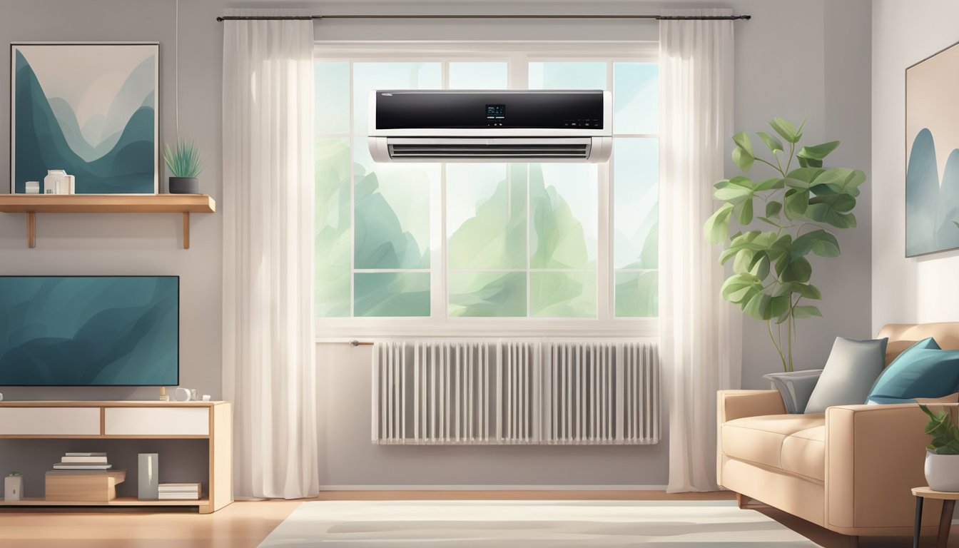 The air conditioner is set to dry mode, with air blowing gently through the vents. The room feels cool and dry, with a soft hum coming from the unit