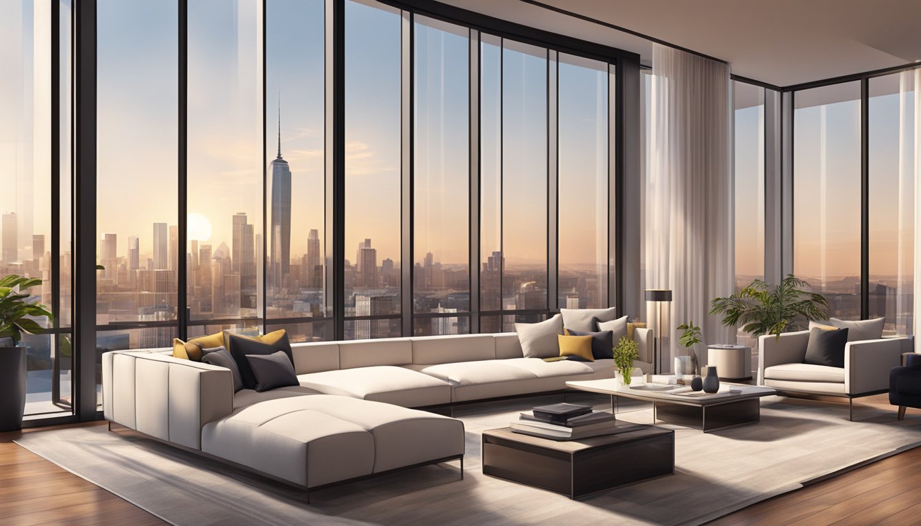 A sleek, minimalist living room with floor-to-ceiling windows overlooking the city skyline. Clean lines, luxurious materials, and warm lighting create a sophisticated and inviting space