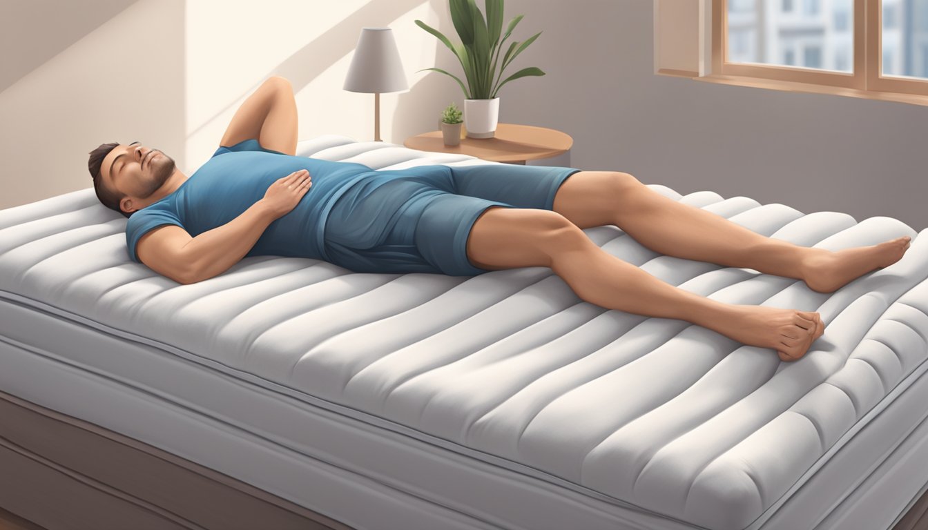 A person lying comfortably on an orthopaedic mattress, with a straight spine and relaxed muscles. The mattress provides support and comfort, promoting better sleep and overall health