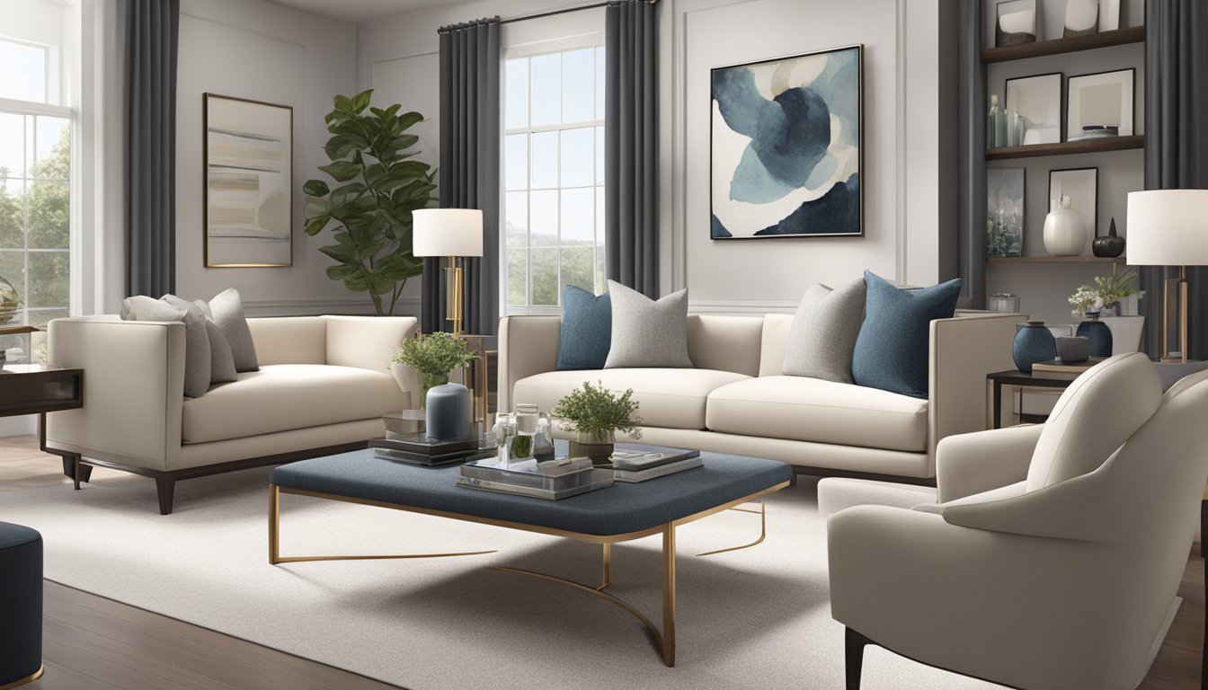 A sleek, modern living room with designer furniture and high-end finishes. Clean lines, neutral colors, and luxurious textures create an elegant and sophisticated space