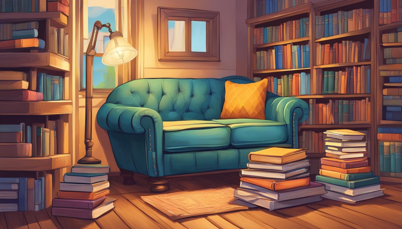 A cozy love seat surrounded by a stack of colorful, well-worn books and a warm, inviting lamp