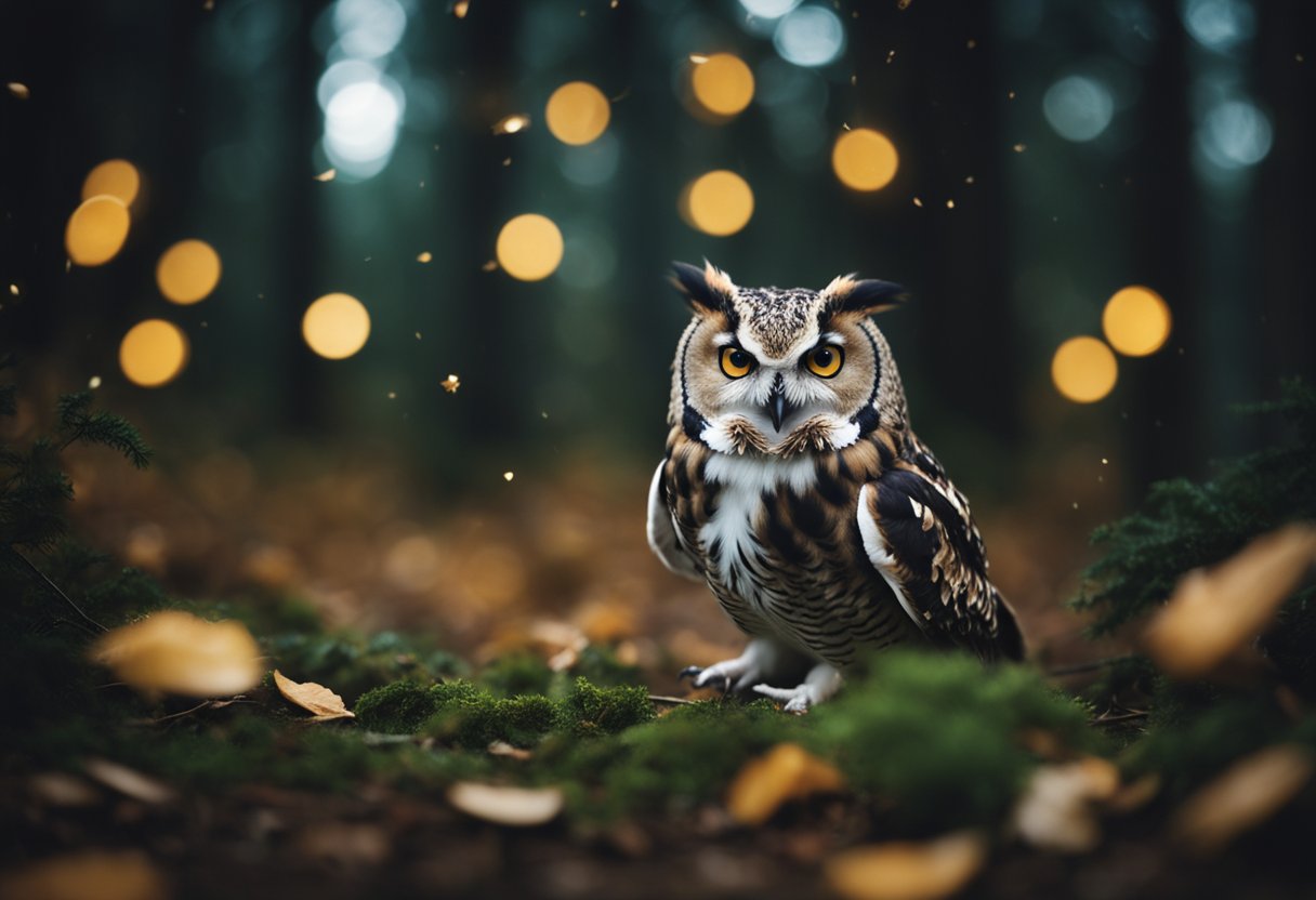 A ferocious owl swoops down on a timid hamster in the moonlit forest