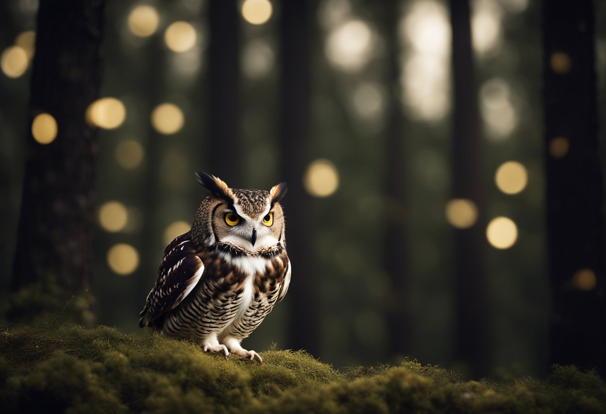 A ferocious owl swoops down towards a small, trembling hamster in the moonlit forest