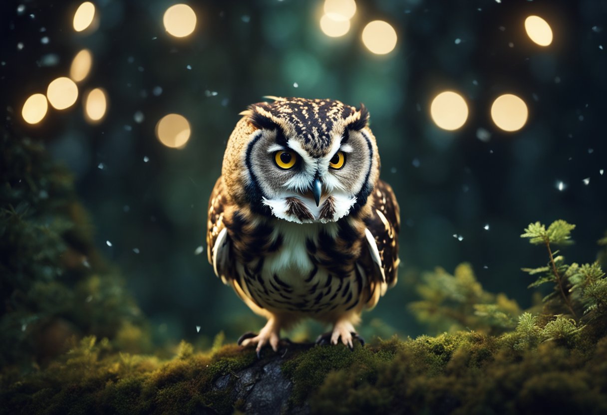 A ferocious owl swoops down on a small hamster in the moonlit forest