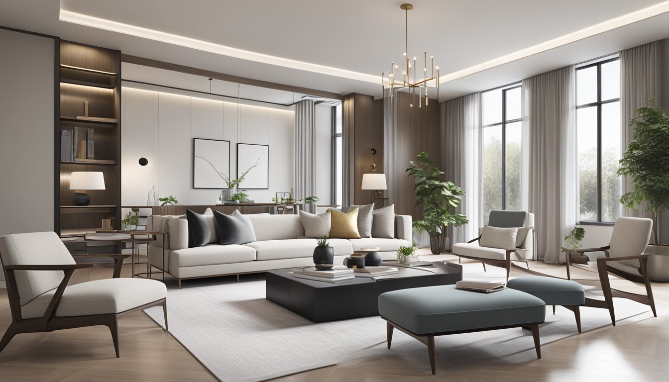 A sleek, minimalist living room with high-end furniture and a neutral color palette. Clean lines and sophisticated accents create a sense of modern luxury