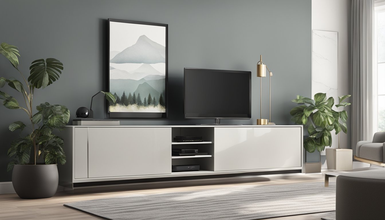 A sleek, modern TV console with clean lines and a glossy finish. The console features built-in storage compartments and a minimalist design