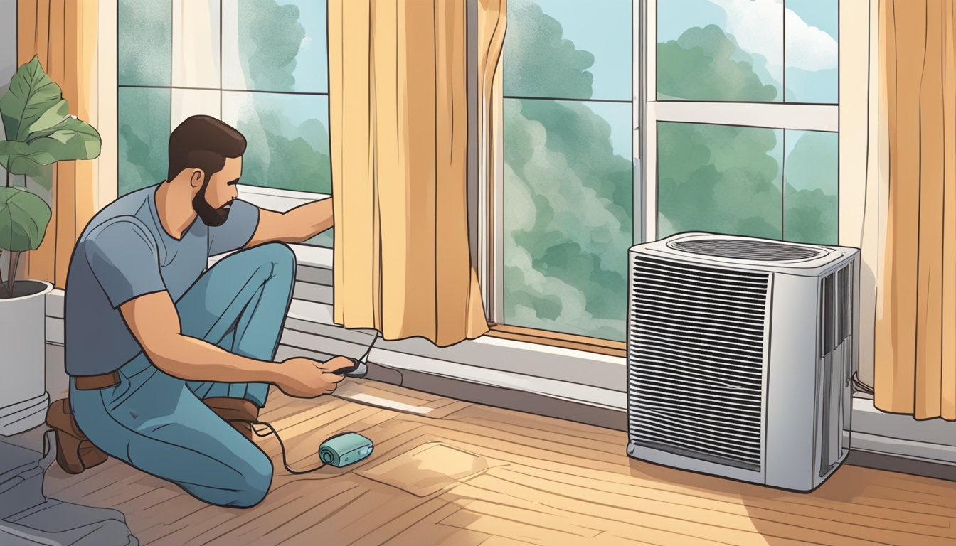 A person sets up a portable air conditioner in a window, securing the exhaust hose and plugging it in. The room is hot and stuffy, but soon the cool air begins to circulate