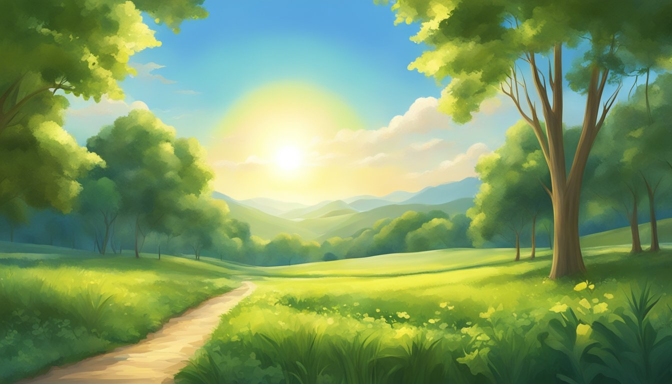 A bright sun shines over a serene landscape with a clear blue sky and lush greenery, creating a peaceful and inviting atmosphere