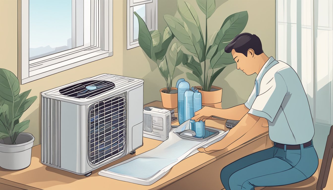 A person unpacks and assembles a portable air conditioner near an open window. Tools and instructions are laid out nearby