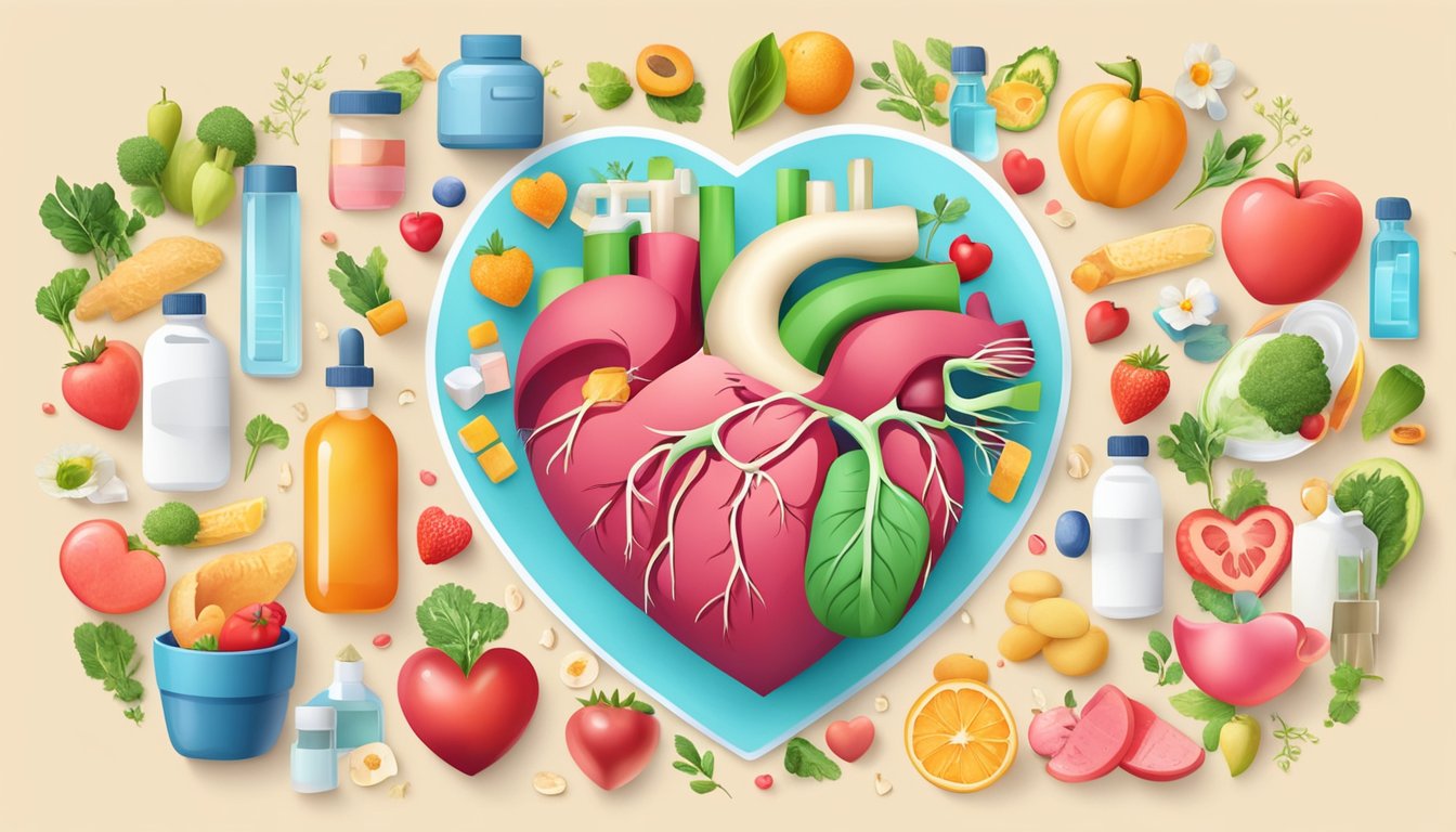 A heart surrounded by healthy lifestyle symbols and medication options