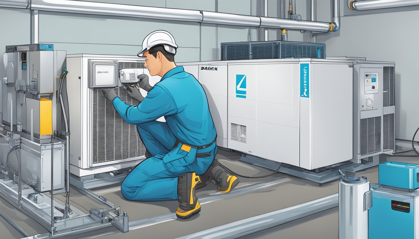 A technician installs and maintains a Daikin iSmile unit, surrounded by tools and equipment