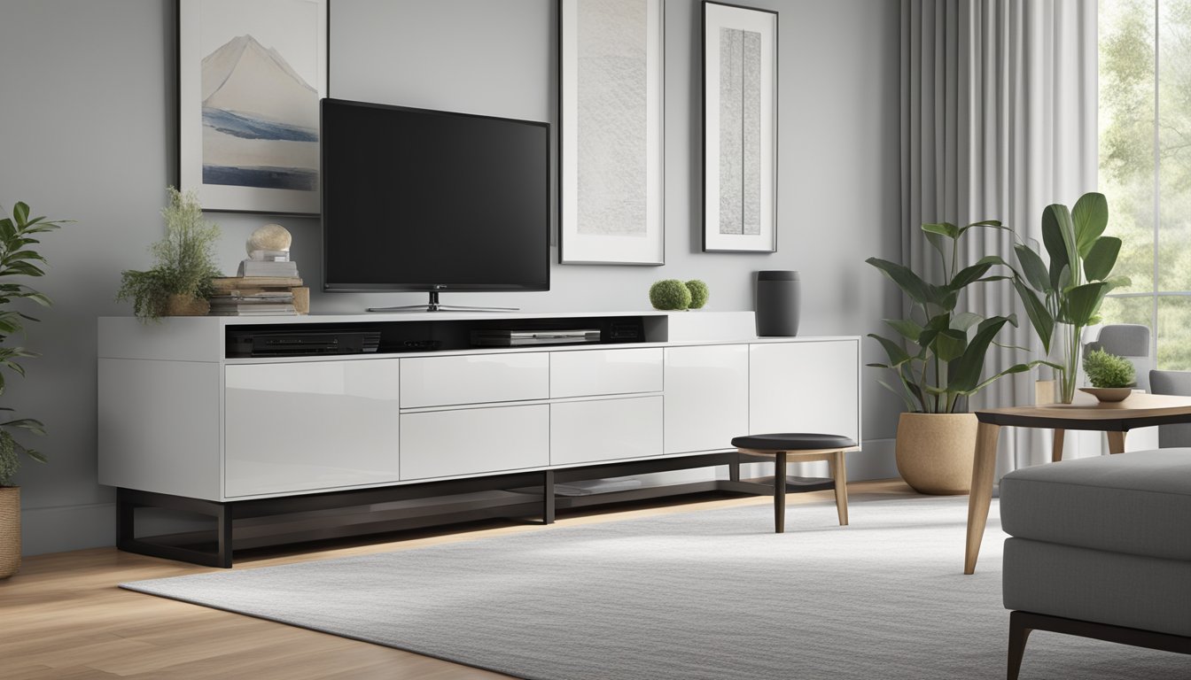 A sleek, modern TV console with clean lines and a glossy finish. It features open shelving, hidden storage compartments, and integrated cable management