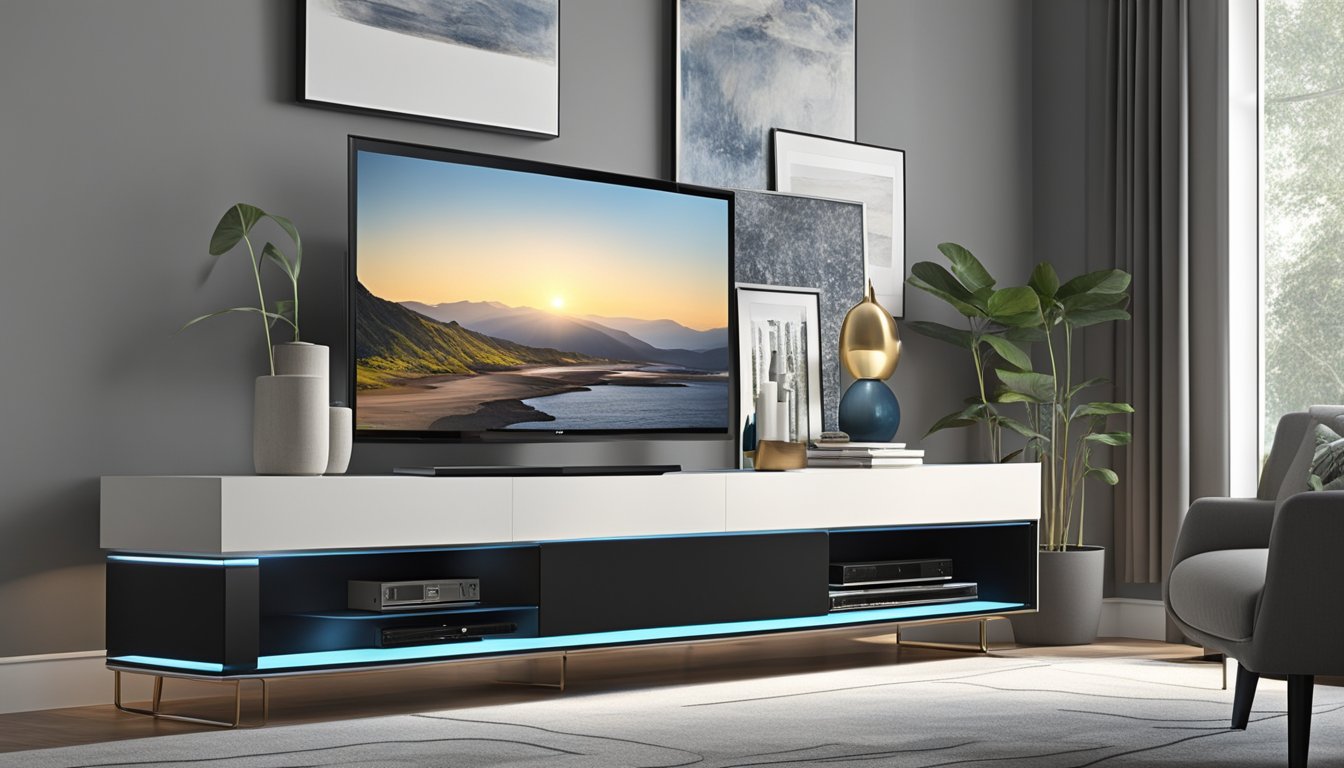 The sleek, modern TV console features clean lines and minimalist details, with a combination of matte and glossy finishes. A built-in cable management system keeps cords tidy, while LED accent lighting adds a touch of sophistication