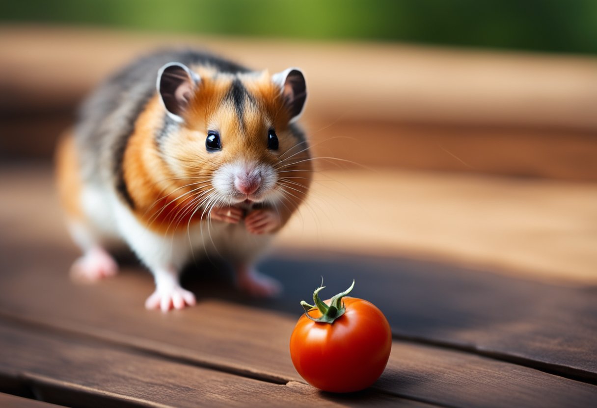A curious hamster sniffs a bright red tomato on a wooden table