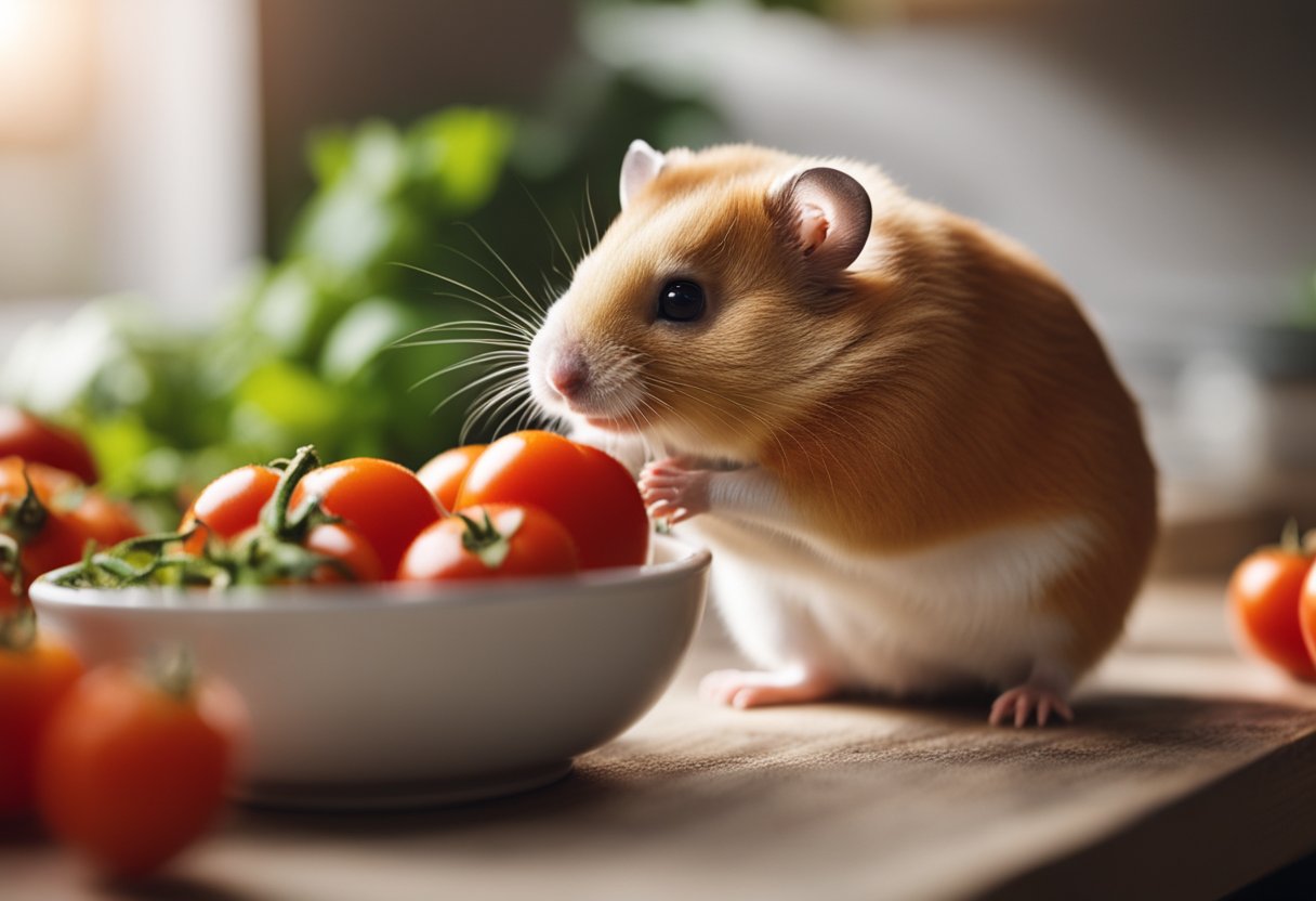 A hamster sitting next to a bowl of tomatoes, looking curious and sniffing the tomatoes
