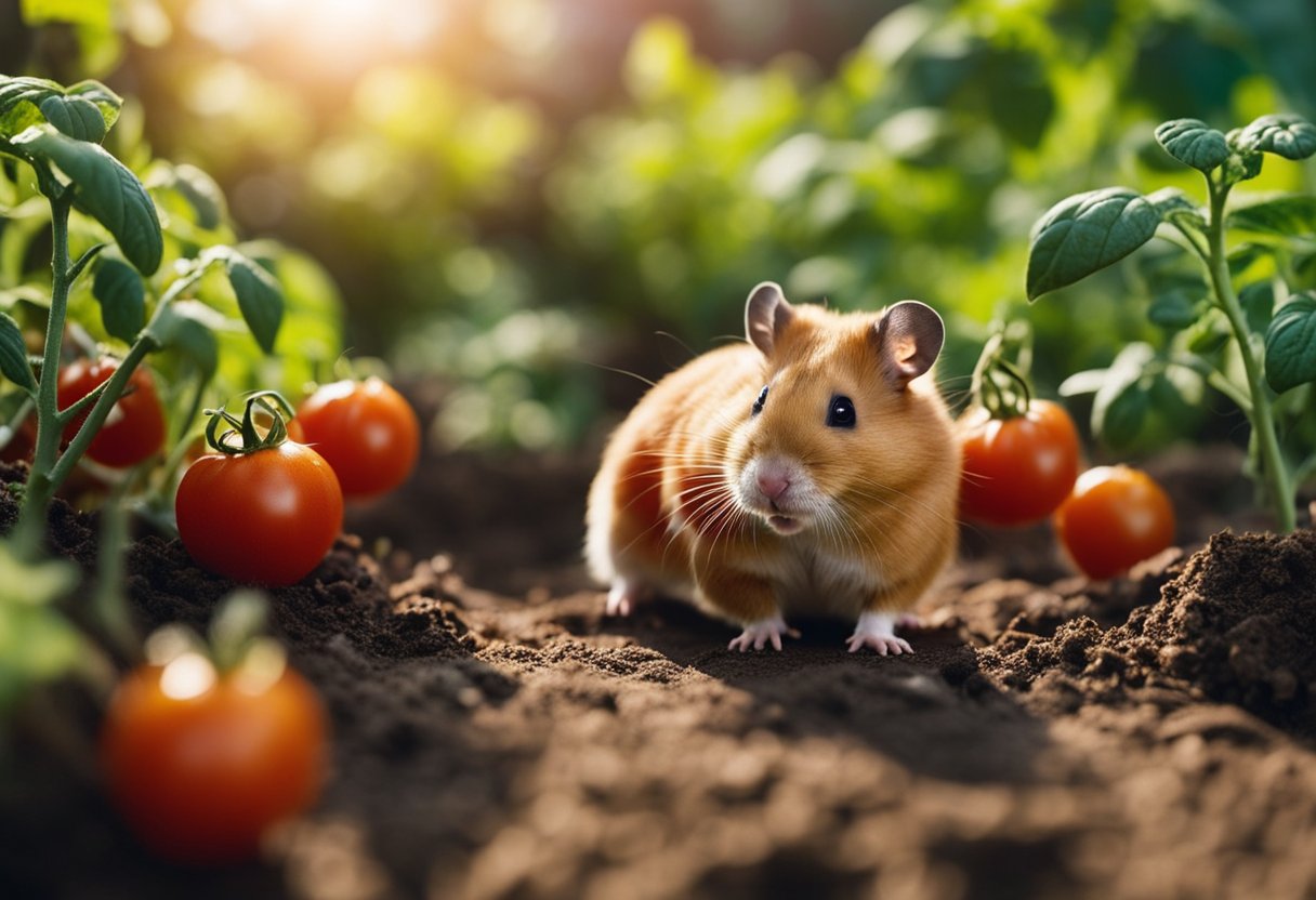 Tomatoes and hamsters in a garden. Hamsters sniffing tomatoes