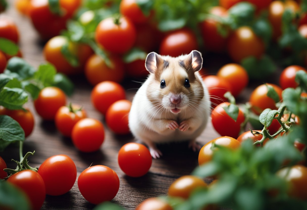 A hamster surrounded by tomatoes, looking curiously at them