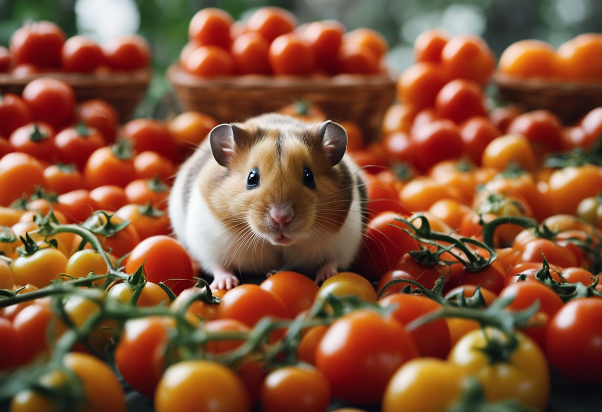 A hamster sitting in front of a pile of tomatoes, looking curiously at them