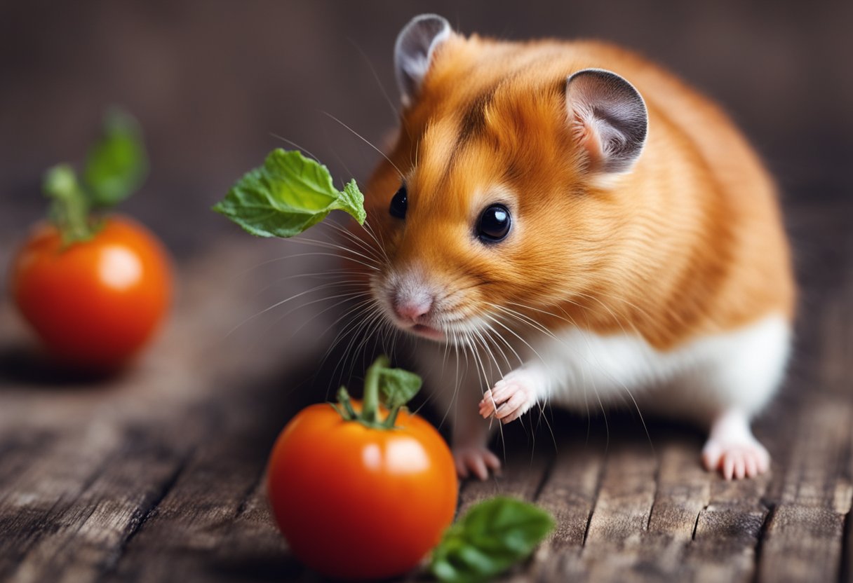A curious hamster sniffs a juicy tomato, while a question mark hovers above its head