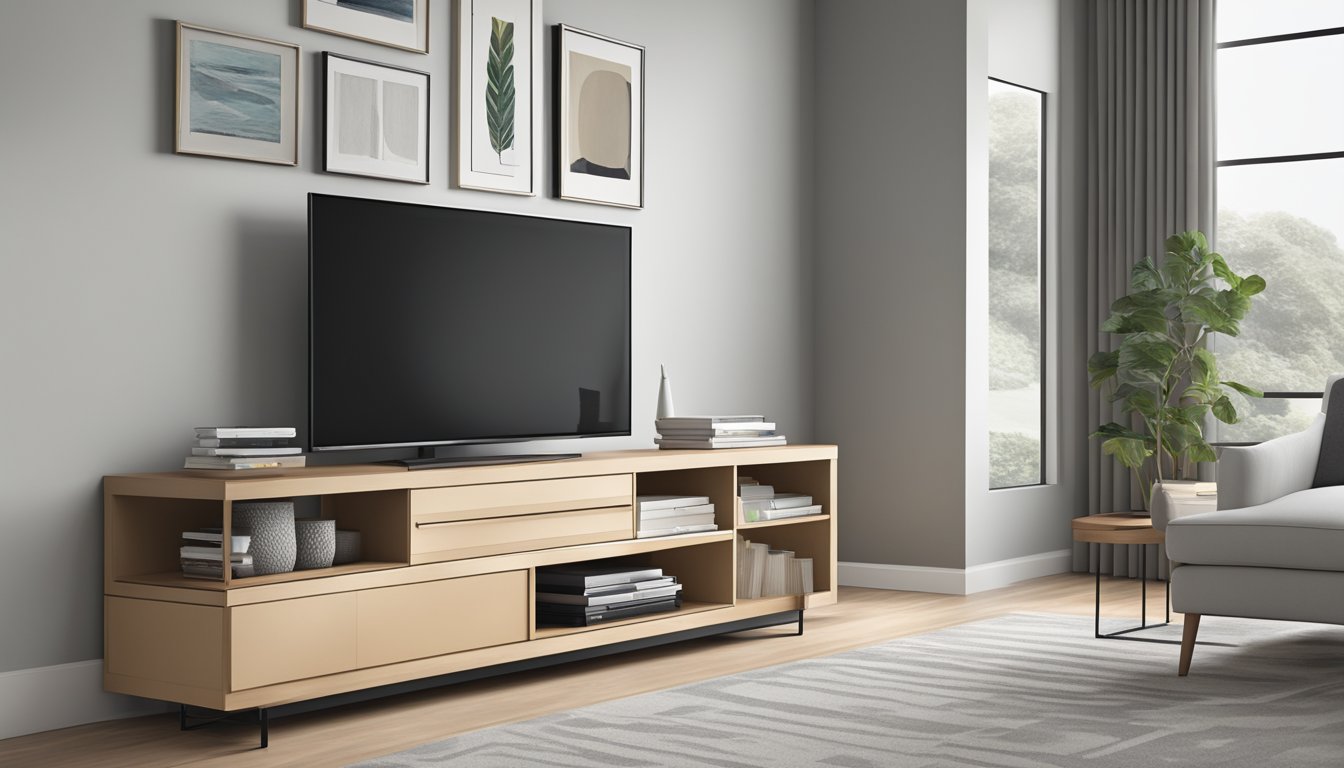 A sleek, modern TV console with clean lines and a minimalist design, featuring multiple shelves and compartments for storage