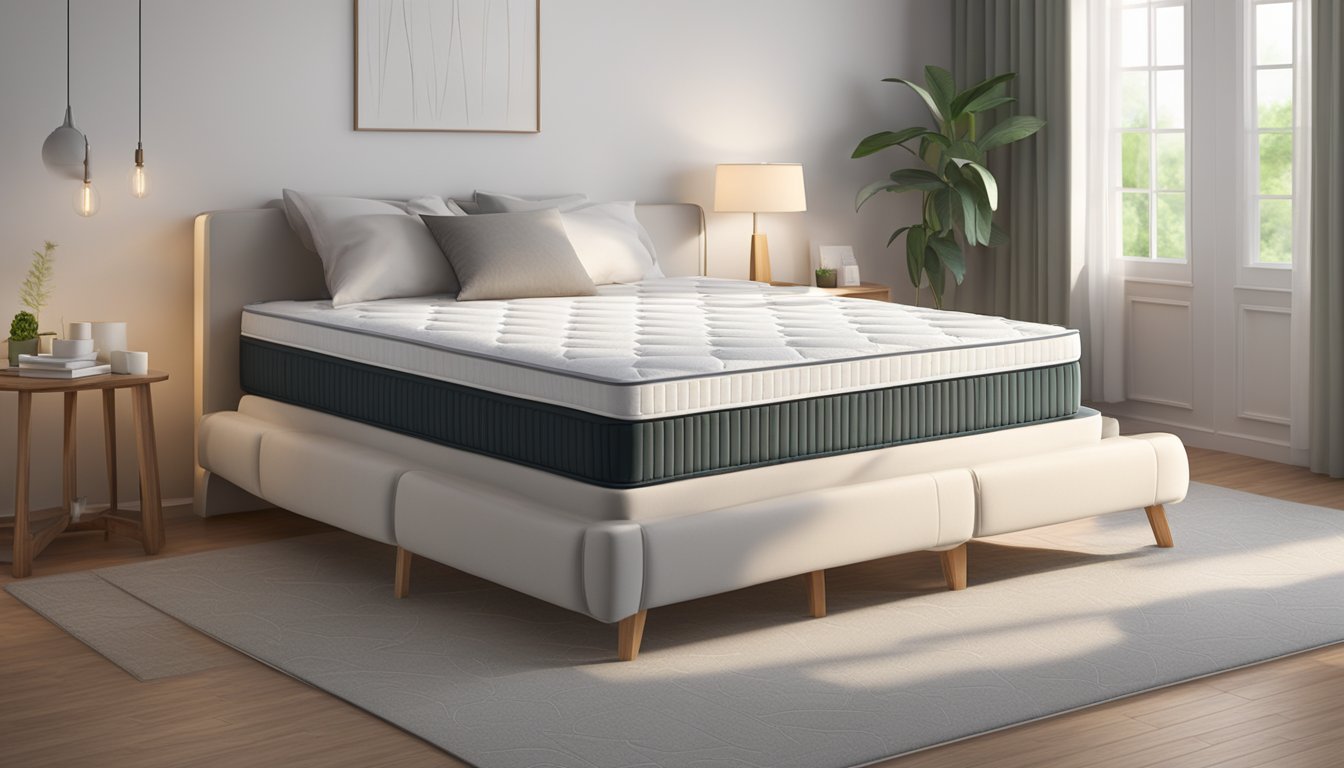A single latex mattress sits on a bed frame, surrounded by soft pillows. The mattress is made of natural latex, providing support and comfort for a peaceful night's sleep
