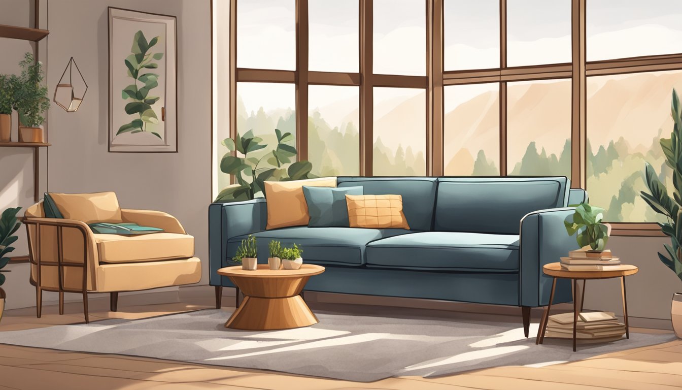 A small sofa sits in a cozy living room, adorned with soft cushions and a throw blanket. The room is filled with warm natural light, creating a welcoming atmosphere
