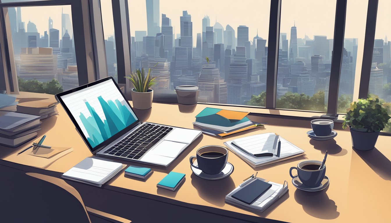 A cluttered desk with a laptop, notepads, pens, and a cup of coffee. A city skyline is visible through the window