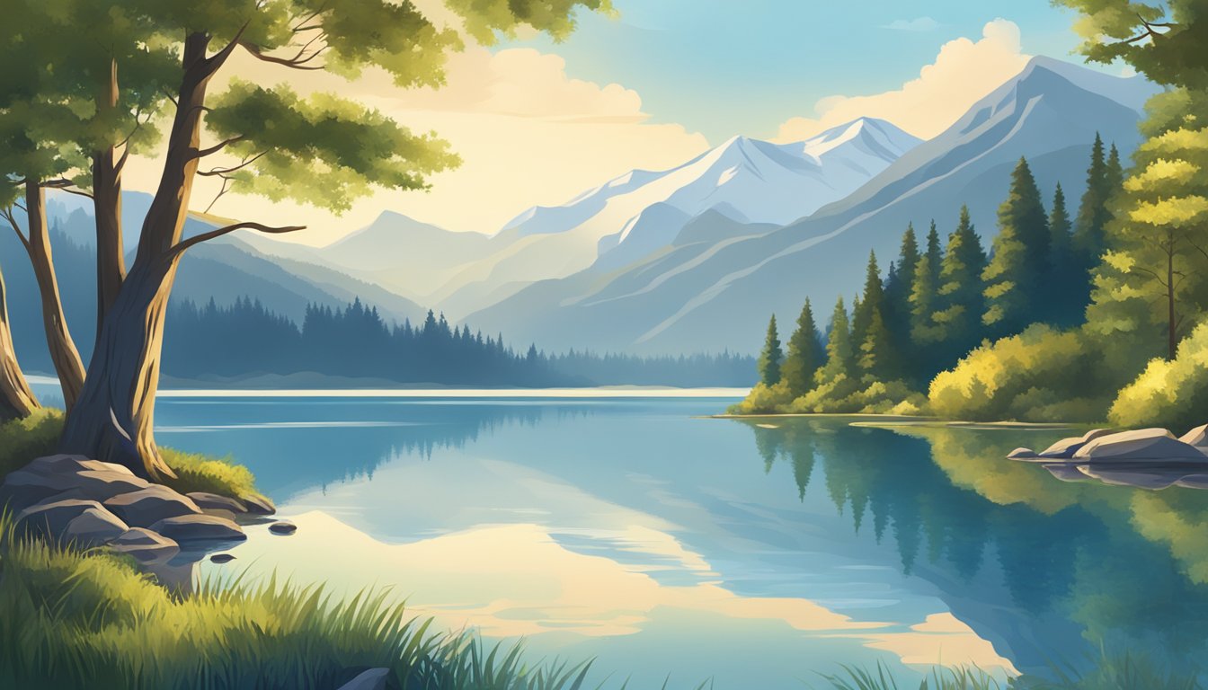 A serene lake reflecting the surrounding mountains and trees under a clear blue sky