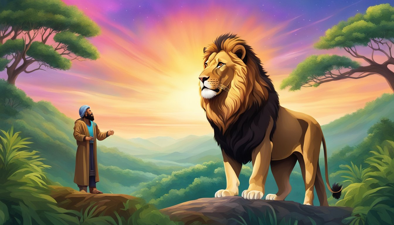 A majestic lion stands before a prophet, surrounded by lush greenery and a colorful sky, as they engage in a conversation
