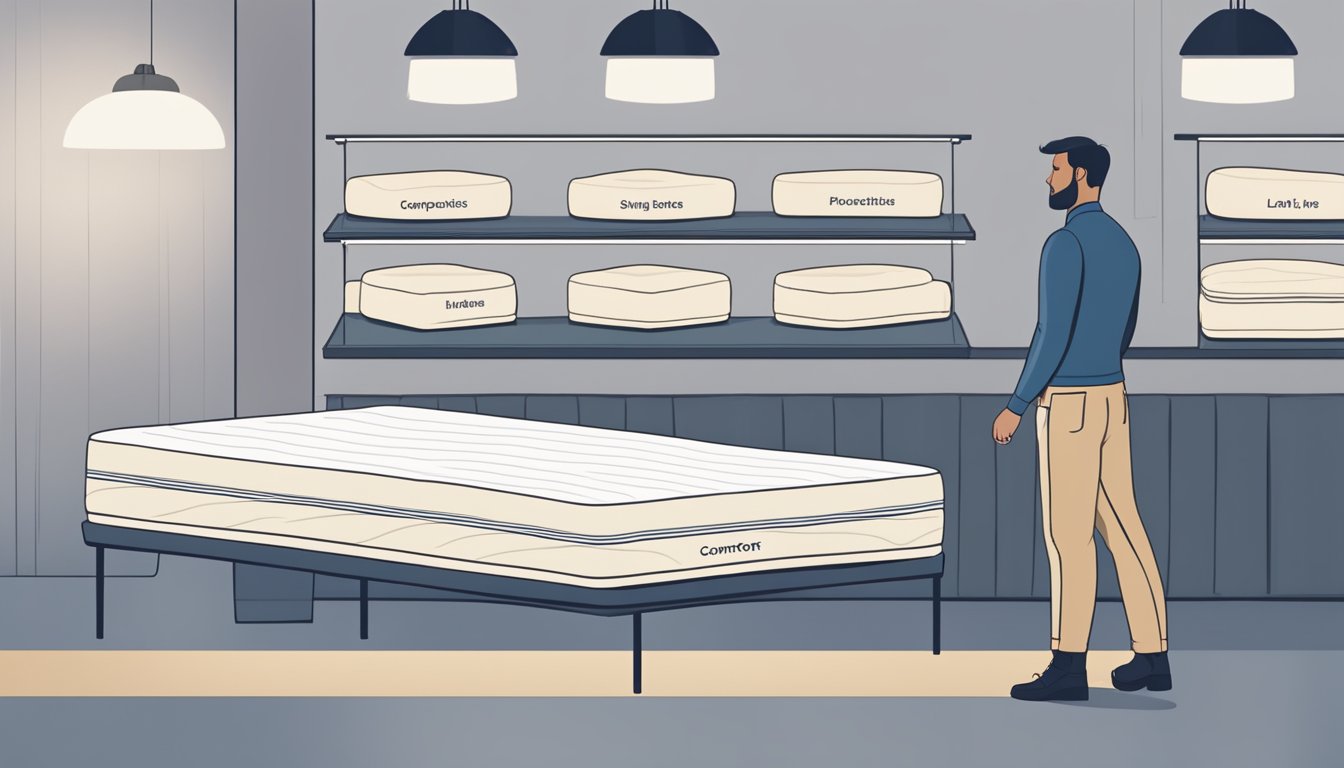 A person standing in a mattress store, comparing different single latex mattresses for comfort, support, and durability. Displayed options include varying firmness levels and thickness