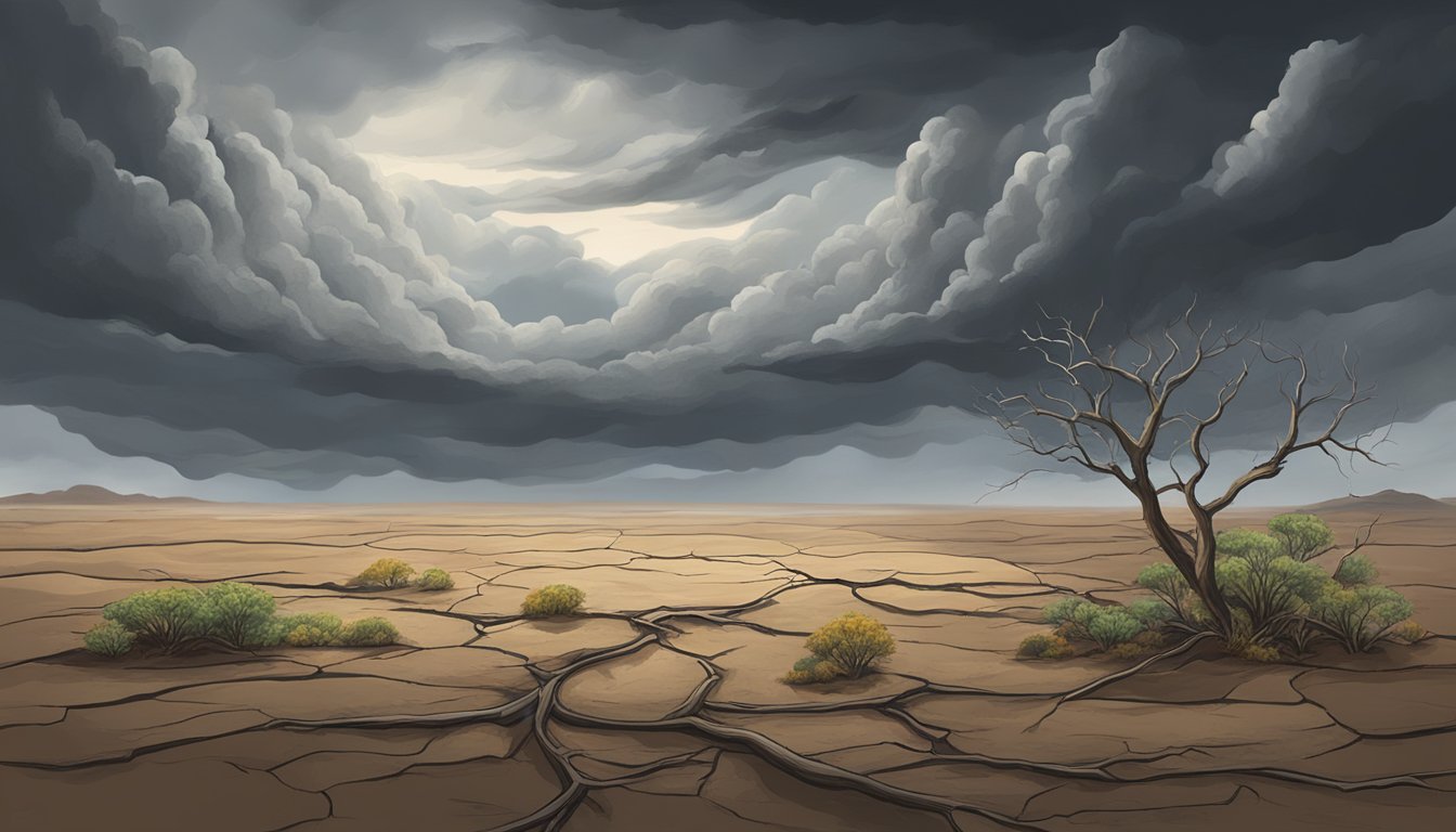 A barren landscape with cracked earth and wilted plants, a dark cloud looming overhead, symbolizing the consequences and legacy of neglect