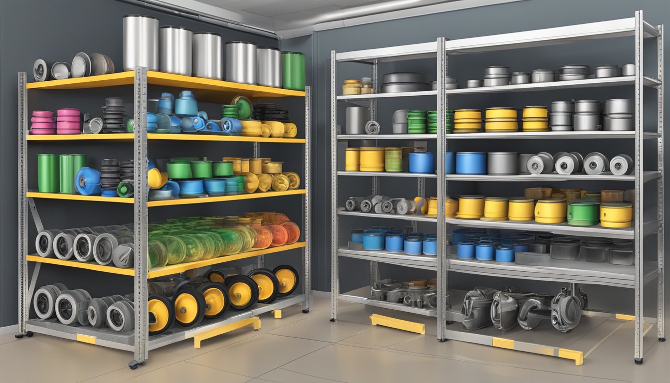 Various castors and wheels in different sizes and styles are displayed on shelves, with labels indicating their specific applications