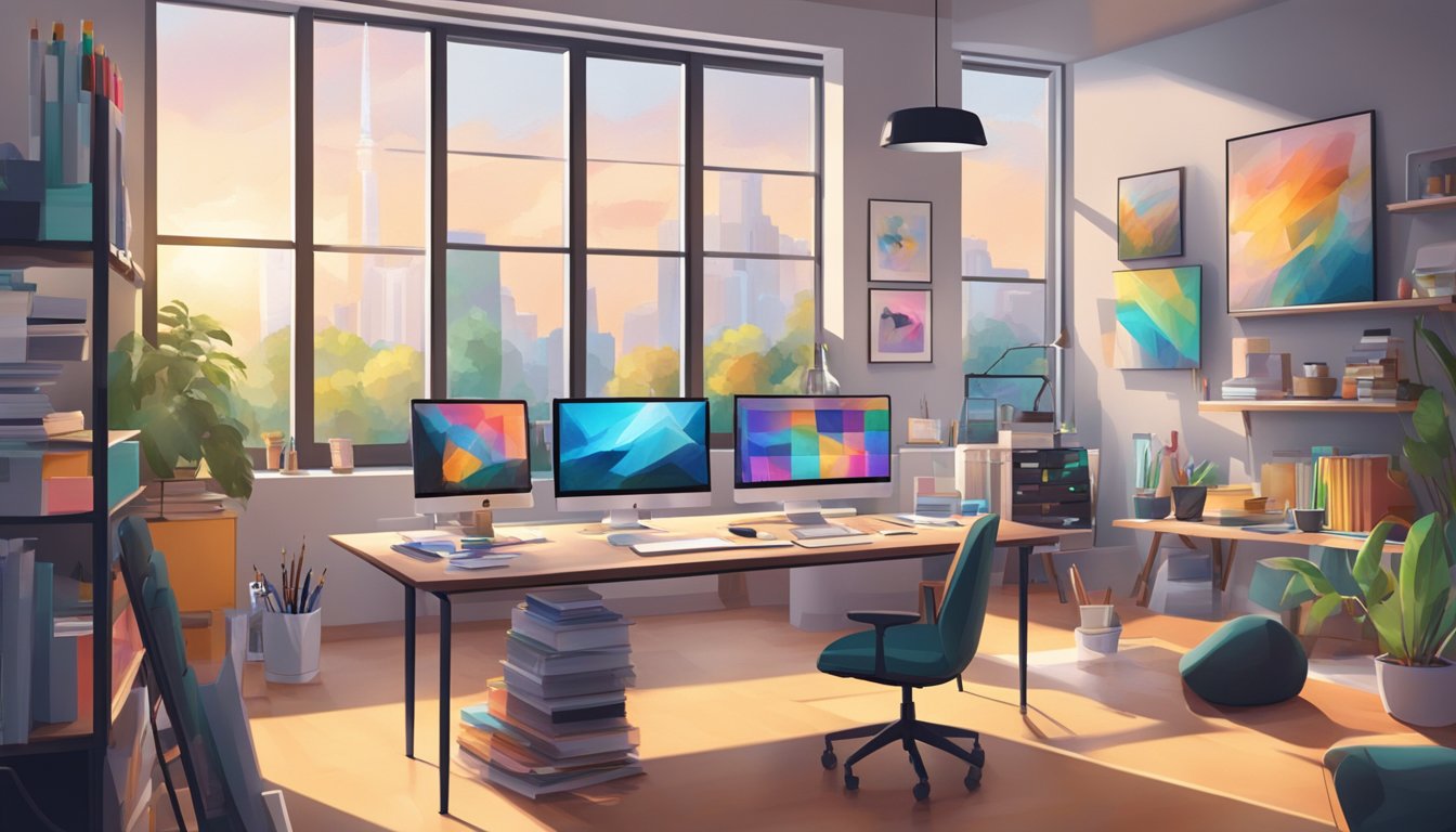A modern studio with sleek design, large windows, and creative workstations. Bright lighting and vibrant colors fill the space, with art supplies and digital tools scattered around