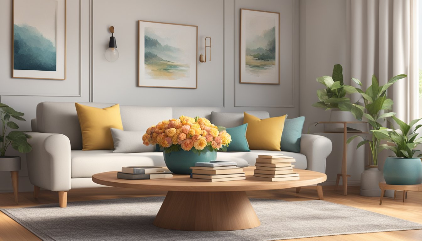 A round wood coffee table sits in the center of a cozy living room, adorned with a vase of fresh flowers and a stack of books