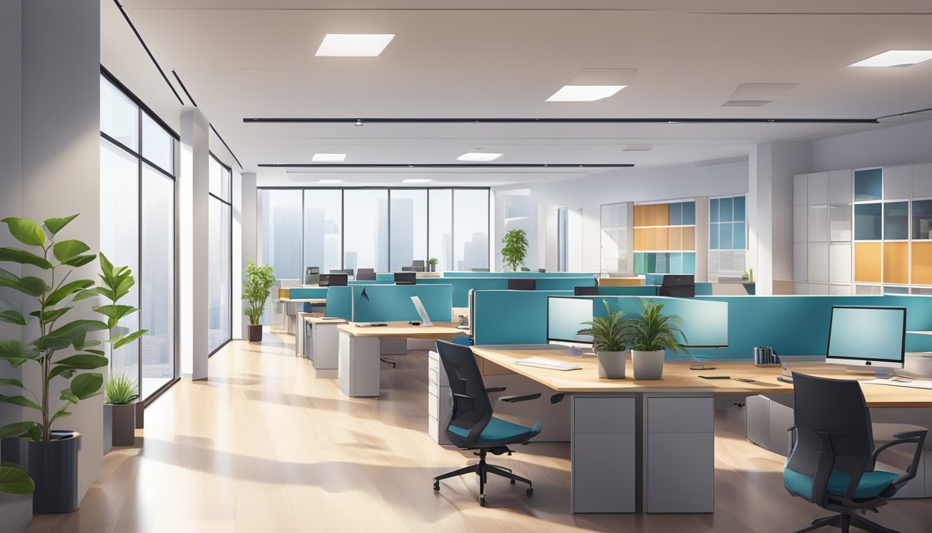 The modern office space features sleek, minimalist furniture and abundant natural light, with open floor plans promoting collaboration and creativity