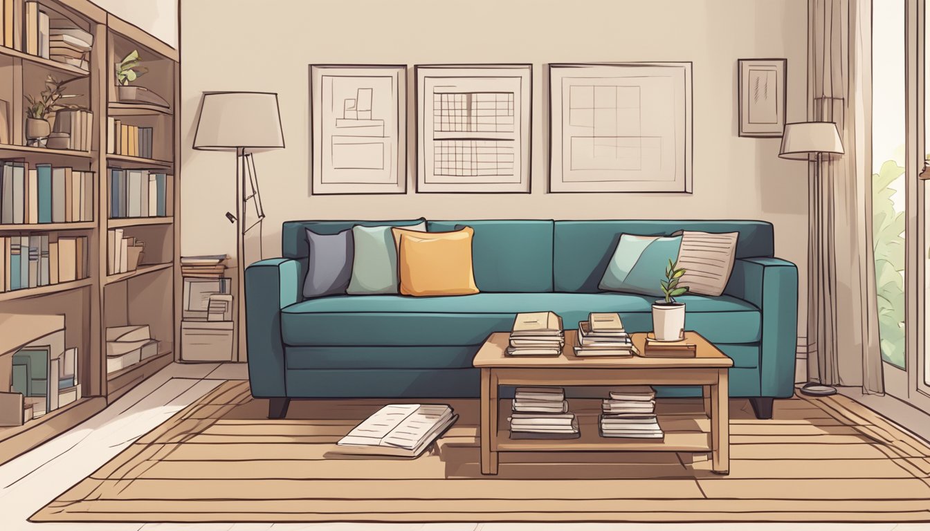 A small living room with a cozy sofa surrounded by a stack of FAQ books, a notepad, and a pen. The room is well-lit and inviting