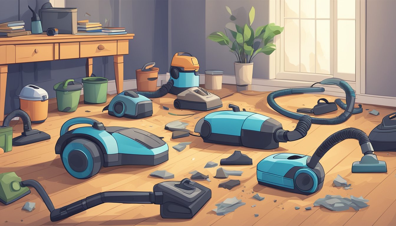 Several cheap vacuum cleaners scattered on a cluttered floor next to a pile of dust and debris
