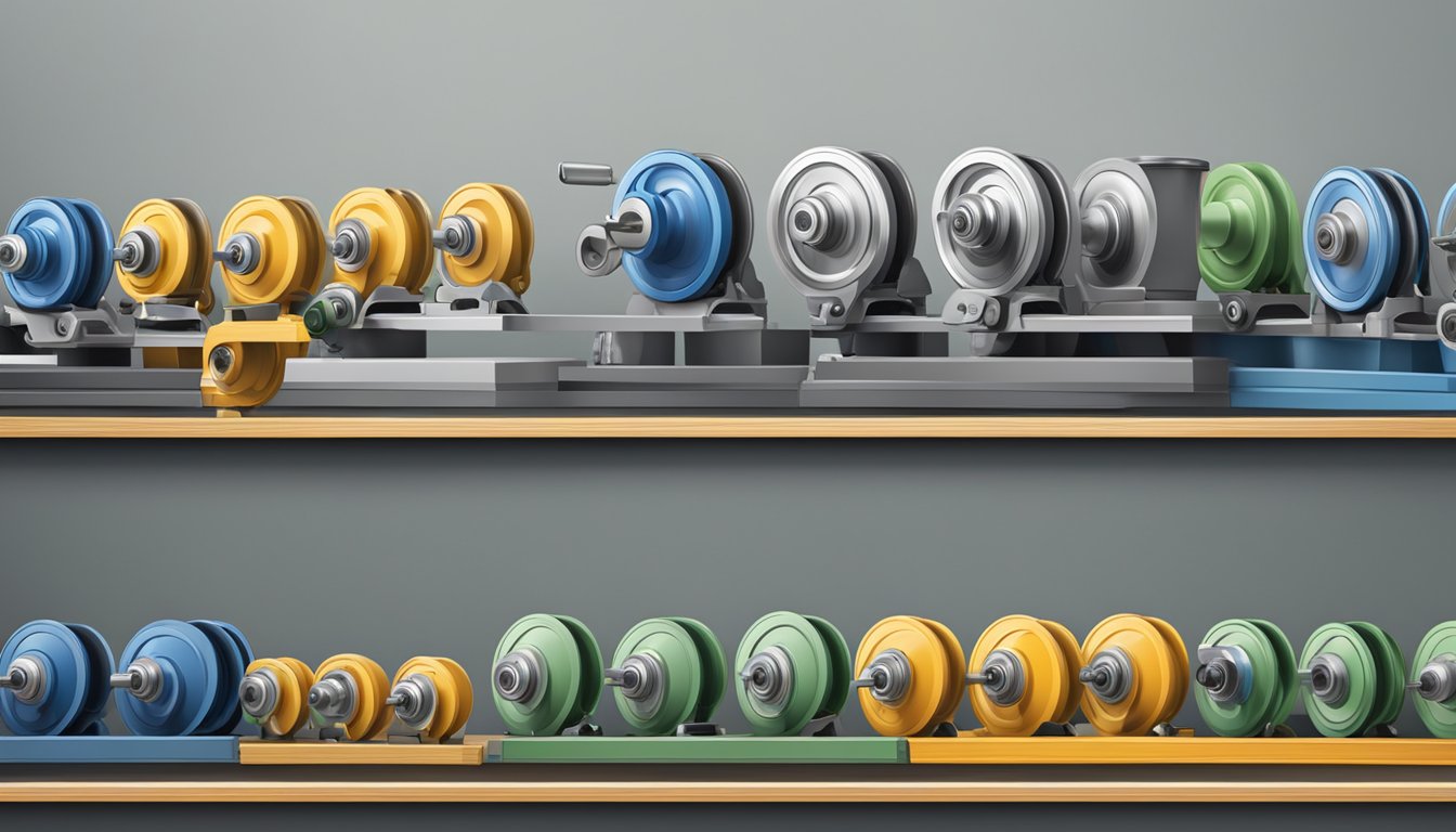 A variety of castors and wheels arranged neatly on a display shelf