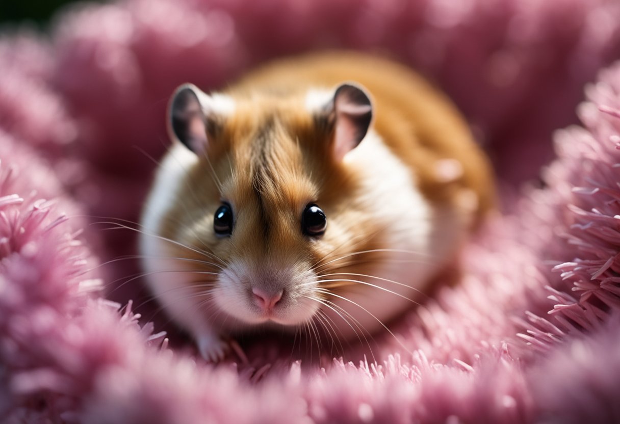 A hamster curls up, eyes squinted, and makes high-pitched squeaking sounds when touched or moved