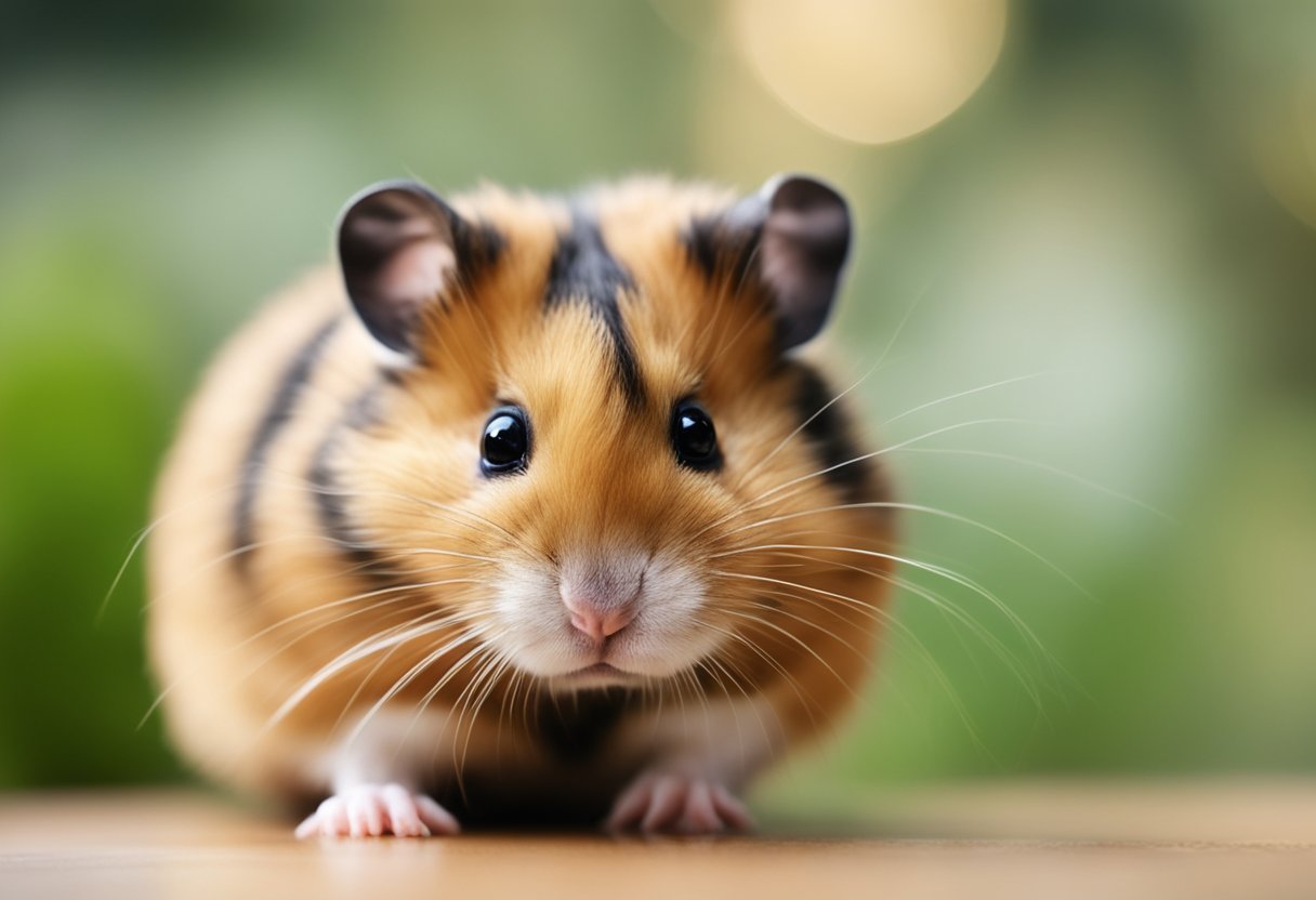 A hamster hunched over, clutching its side, with a pained expression