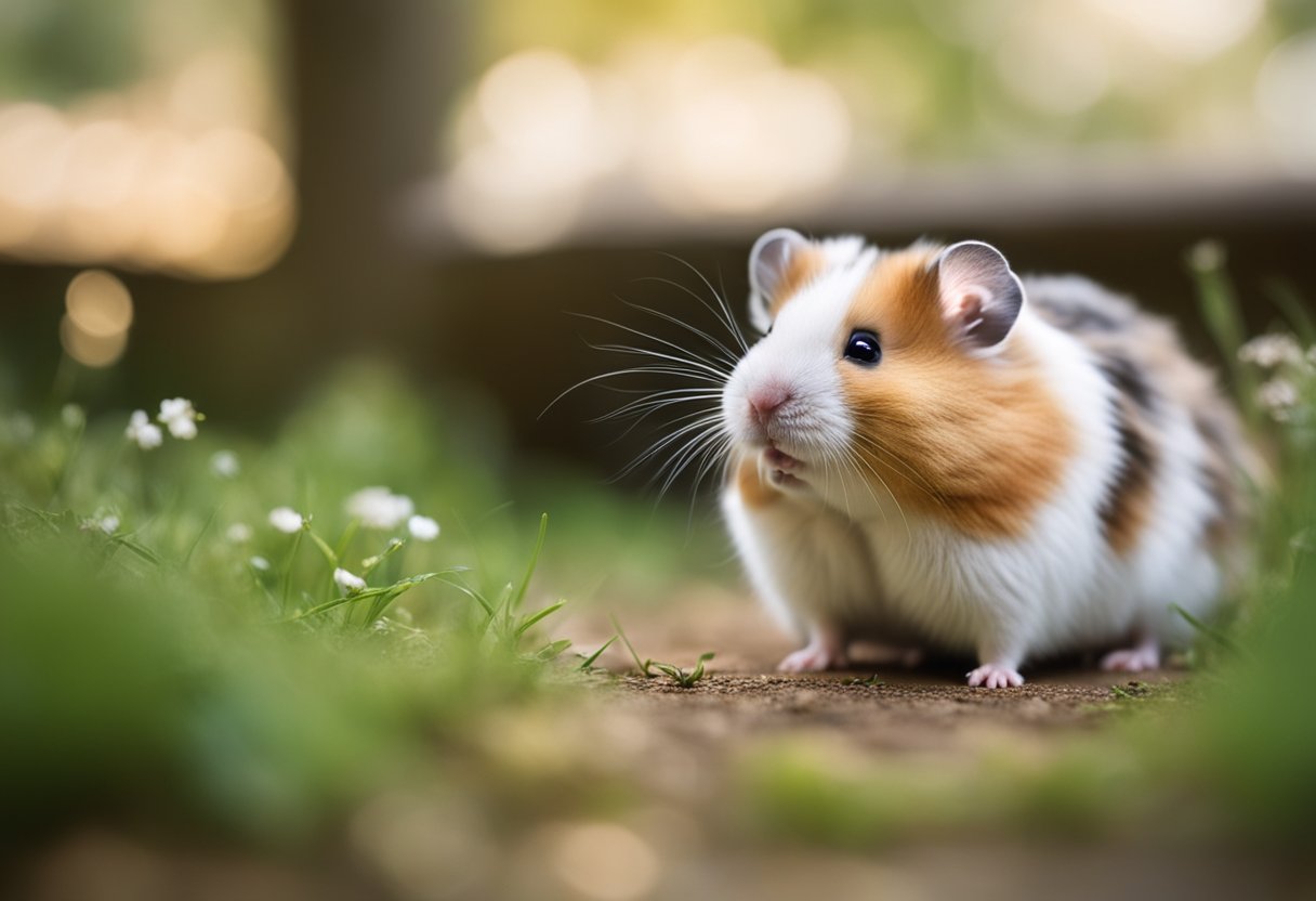 A hamster hunched over, with closed eyes and fluffed fur, showing signs of discomfort