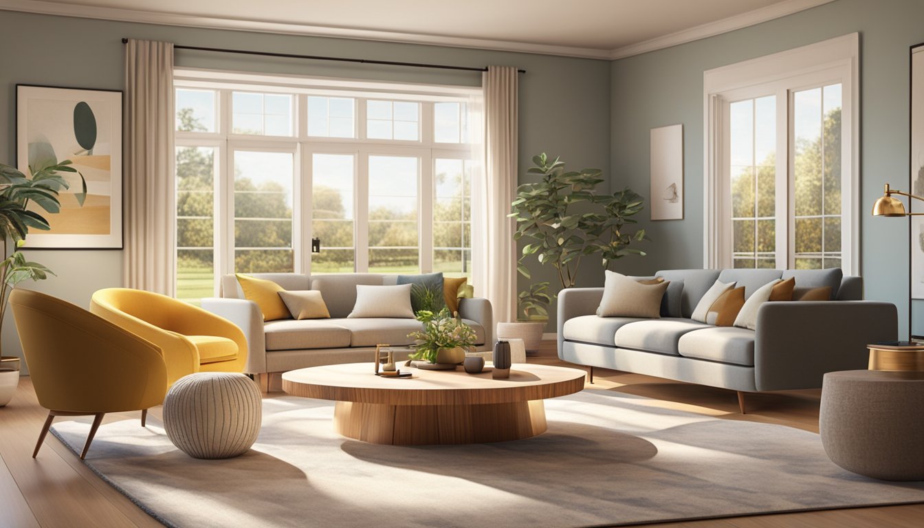 A round wood coffee table sits in a sunlit living room, surrounded by cozy armchairs and a plush rug. The table's smooth surface gleams in the warm light, showcasing the natural grain and texture of the wood