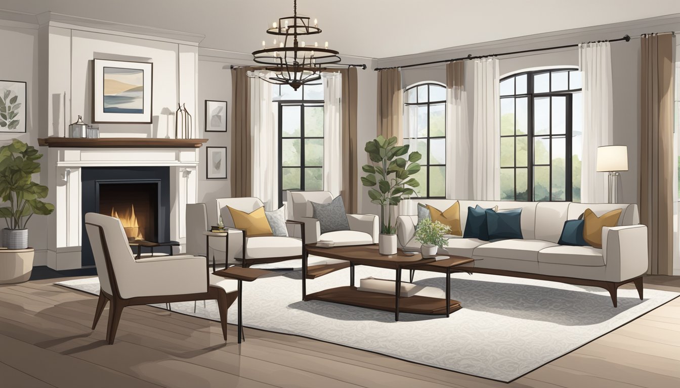 A modern living room with clean lines, neutral colors, and minimalist furniture. A traditional dining room with rich wood accents, ornate chandeliers, and elegant table settings